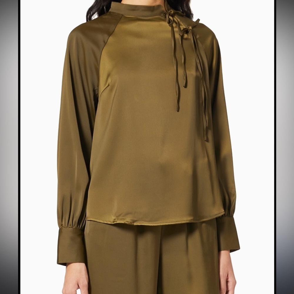 Y.A.S Olive Green Satin Top with tie neck accent